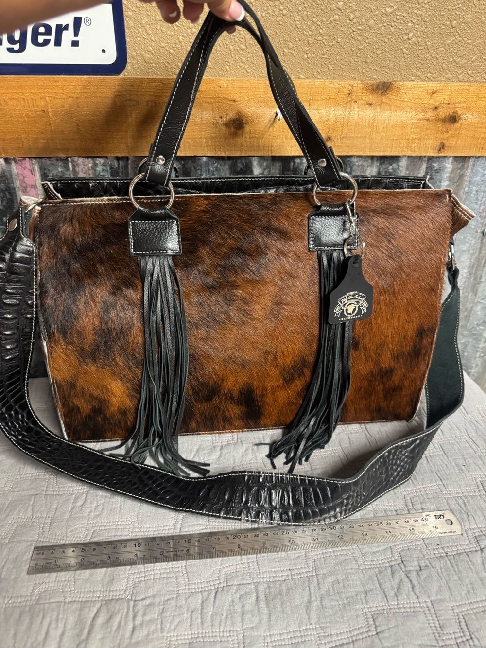 Fringed Haircalf Tote in Brown and Black by HOLY COW COUTURE